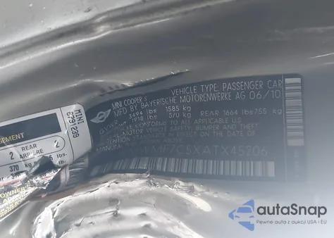 2010 Mini Cooper S from USA, damaged, VIN WMWMF7C5XATX45206